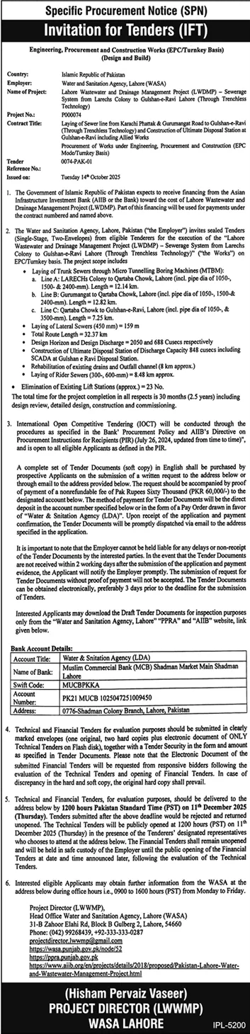 WASA Lahore Tender Notice